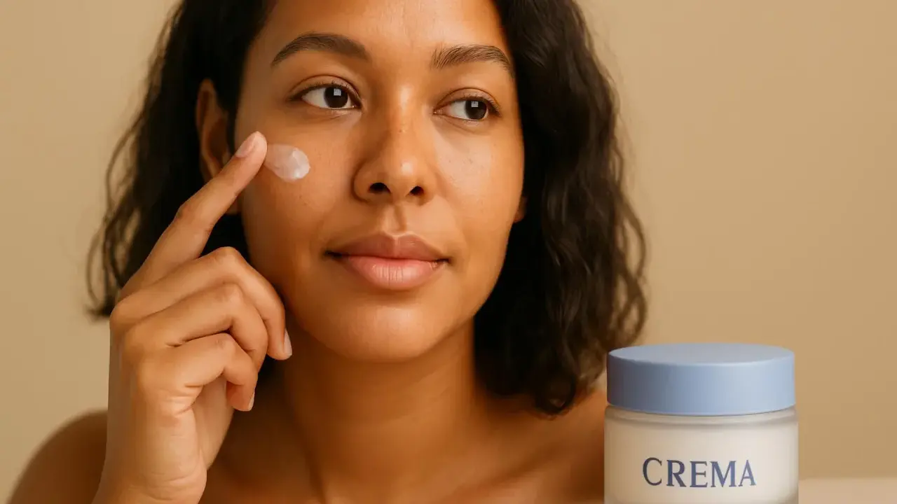 Donna applica crema idratante sul viso, prendendosi cura della sua pelle delicata. Un vasetto di crema è accanto a lei.