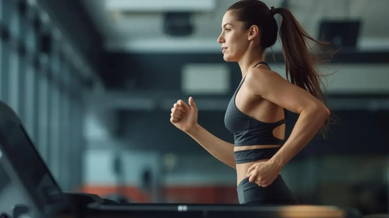 Frau im Fitnessstudio beim Laufband Training, konzentriert und in Bewegung.