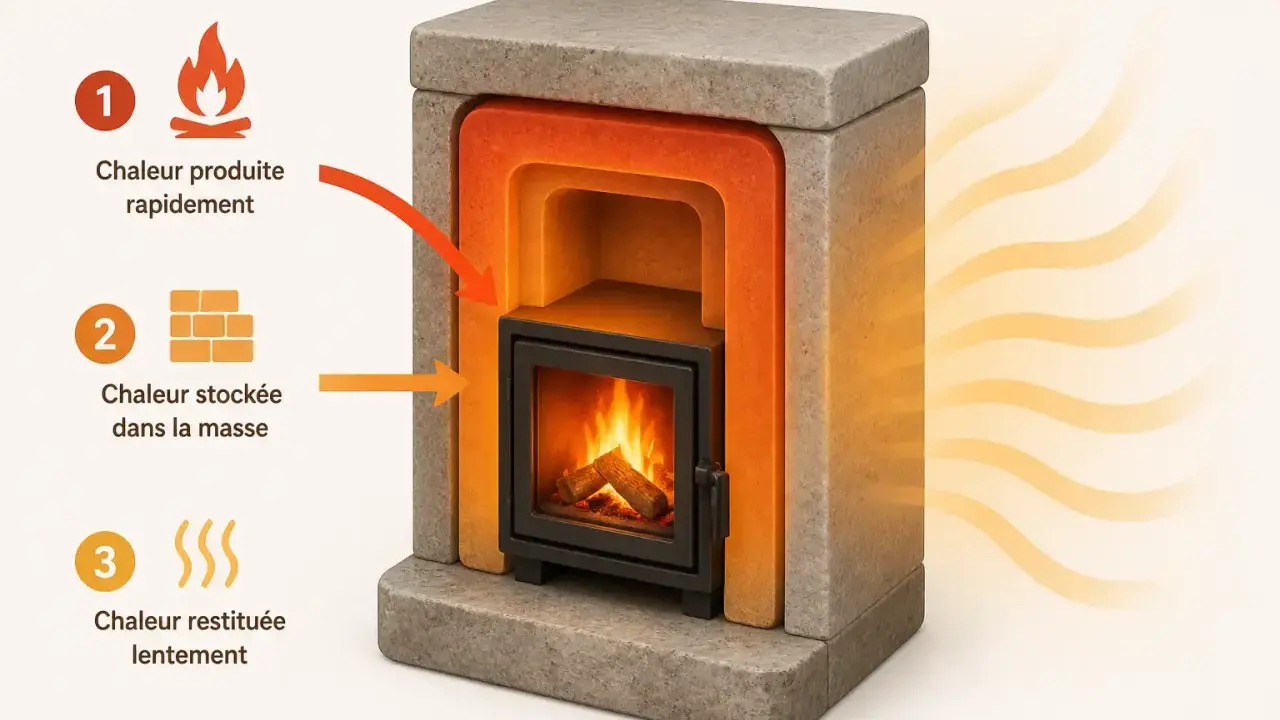 Le poêle de masse français, avec son cœur de feu, produit rapidement la chaleur qui est ensuite stockée dans sa masse pour une restitution lente et constante.