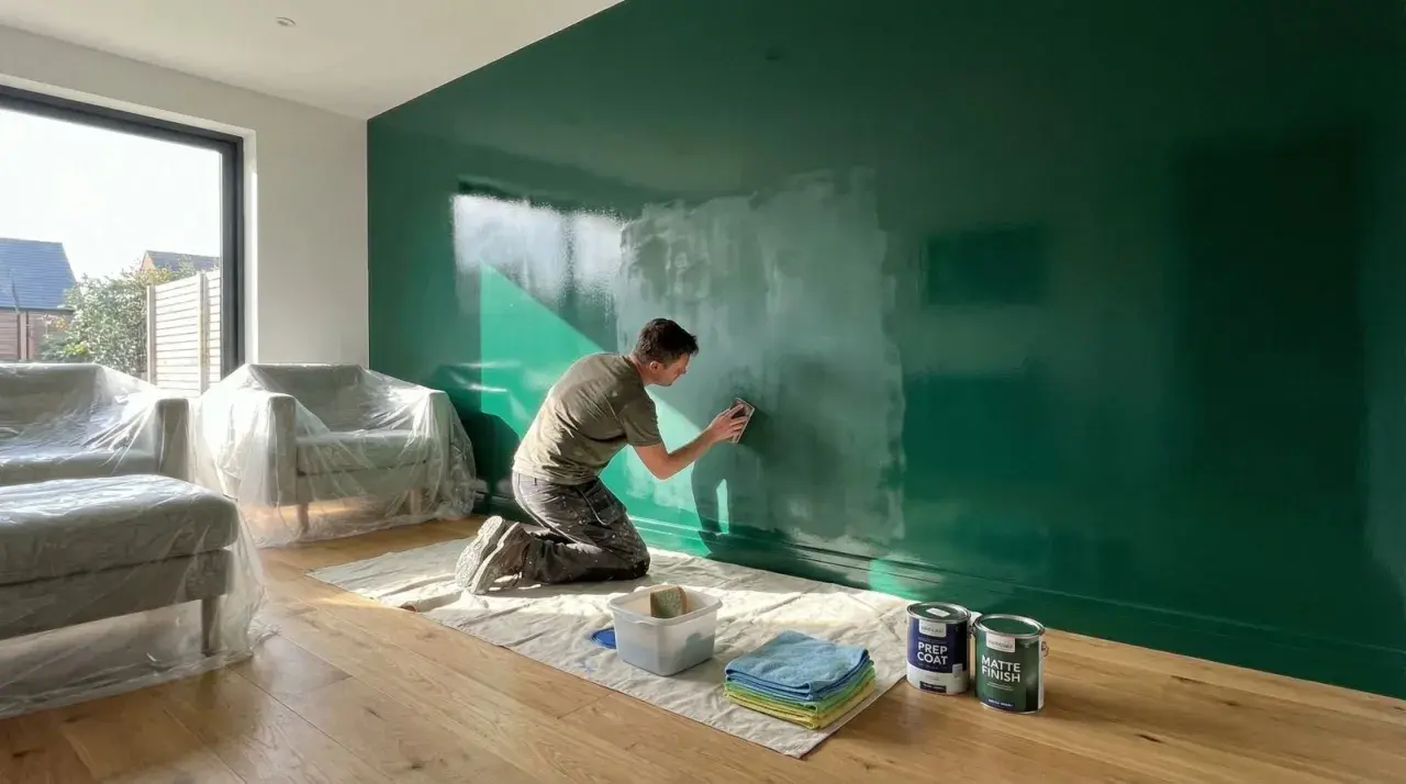 Hombre lijando pared verde brillante, preparándose para pintar. Muebles cubiertos, latas de pintura a mano.