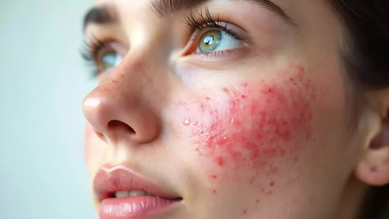 Gros plan sur le visage d'une jeune femme aux yeux verts, montrant une peau rougie et irritée sur la joue, soulevant la question : pourquoi la peau gratte-t-elle ?