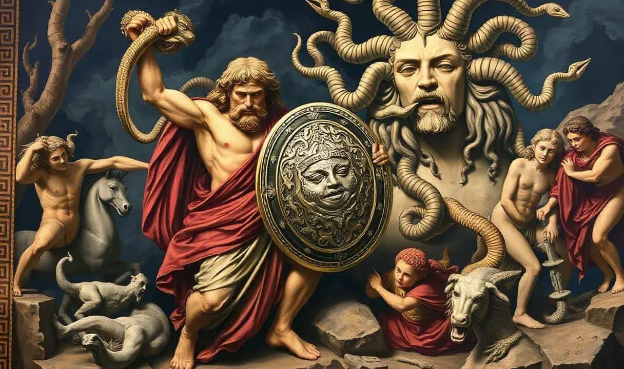 Perseus hält die abgetrennte Medusa, ein Motiv aus griechischen Sagen. Ein Pferd und ein Ziegenbock sind ebenfalls zu sehen.