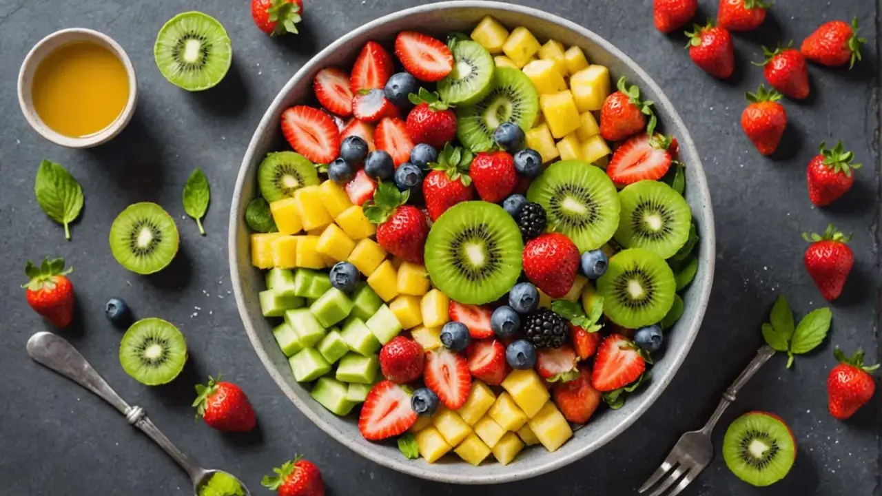 Un bol coloré de salade de fruits printemps : fraises, kiwis, ananas, myrtilles et mûres. Parfait pour un repas léger et rafraîchissant.