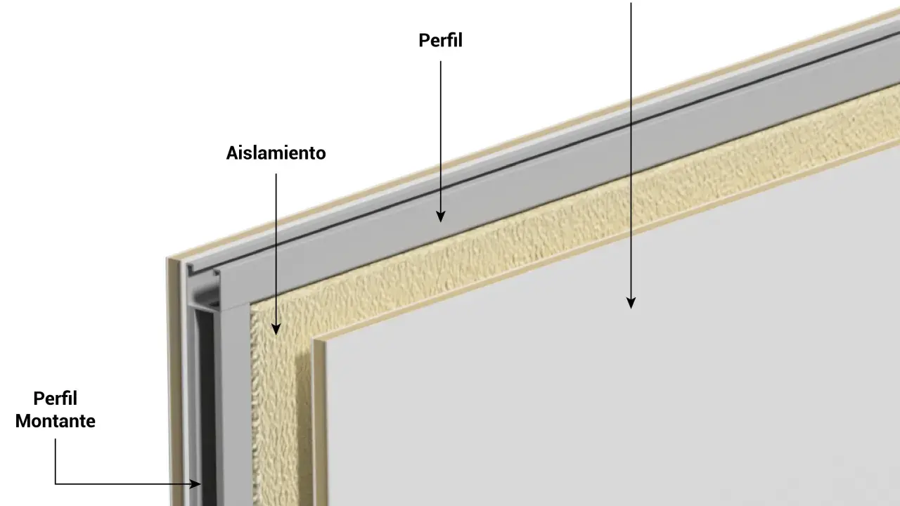 Corte de pared de pladur con aislamiento y perfiles. La placa de cartón yeso es el revestimiento exterior.