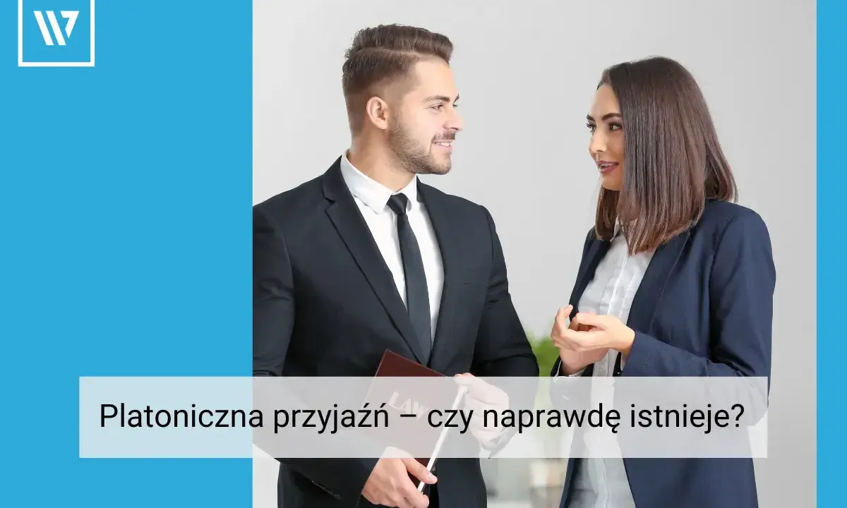 Mężczyzna i kobieta w garniturach rozmawiają, zastanawiając się nad platoniczną przyjaźnią.
