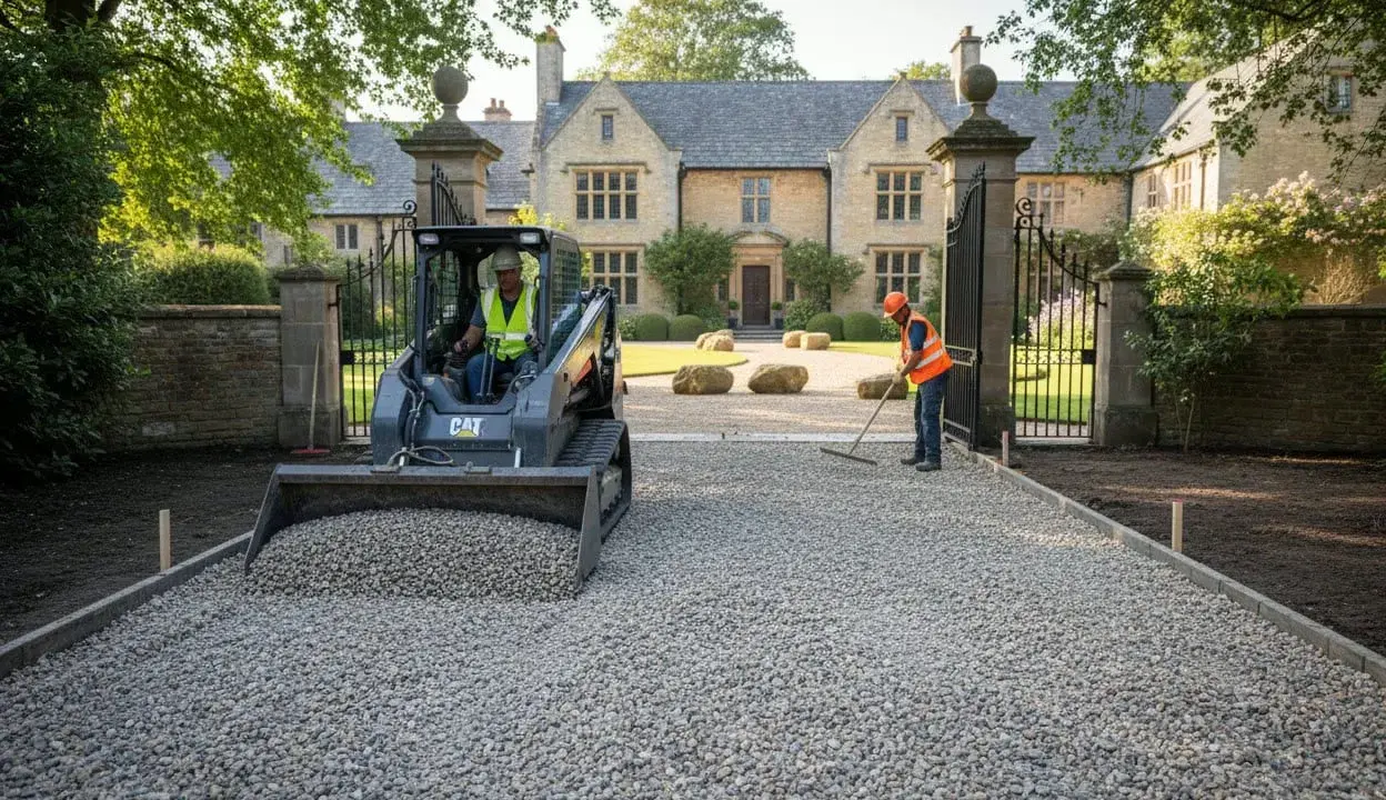 Un mini-escavatore scarica ghiaia per creare un vialetto giardino ghiaia davanti a una villa. Un operaio livella la ghiaia con un rastrello.