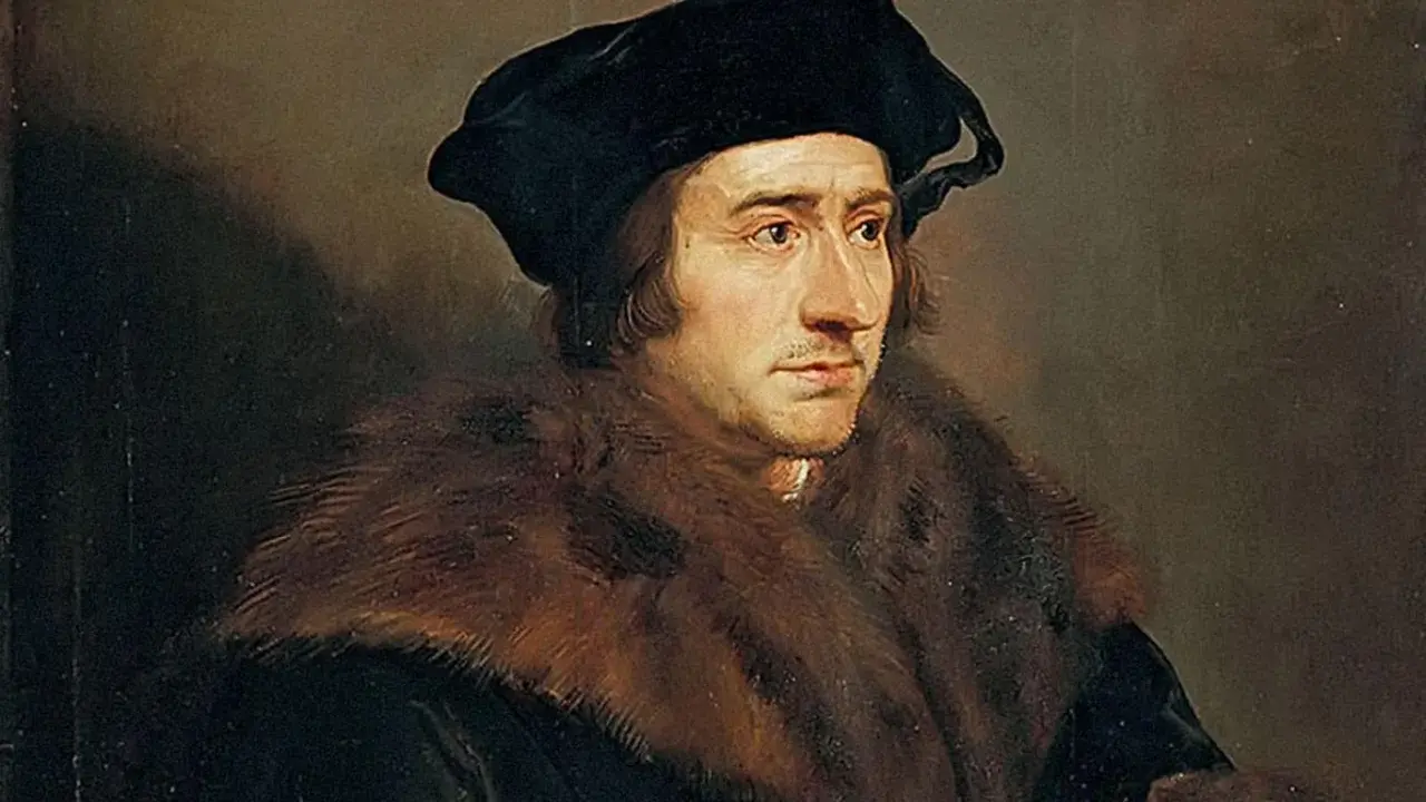 Portret Tomasza Morusa w czarnej czapce i futrzanym płaszczu. Myśliciel spogląda w bok z zamyśloną miną.