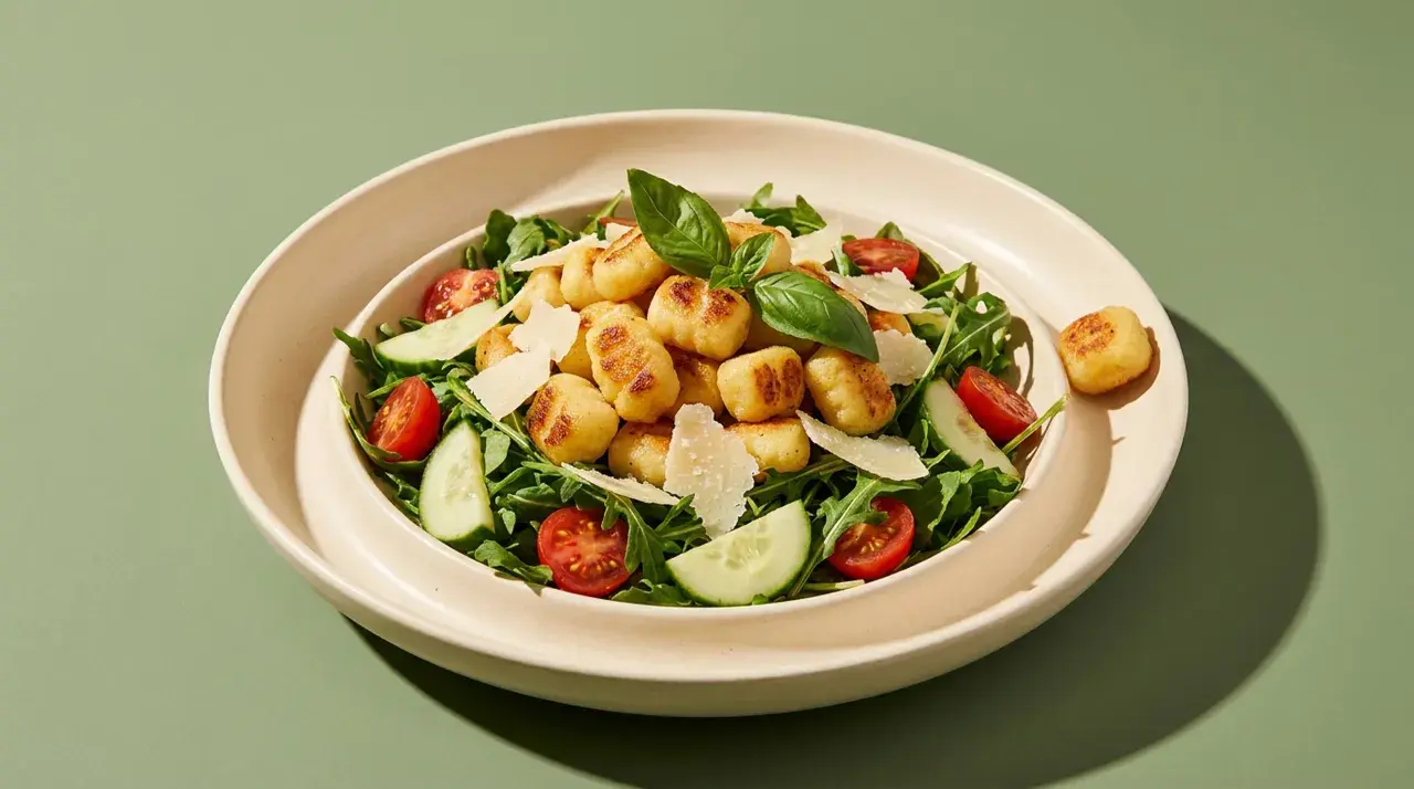 Luftiger Gnocchi Salat mit Kirschtomaten, Gurke, Rucola und Parmesan. Perfekt aus der Heißluftfritteuse!