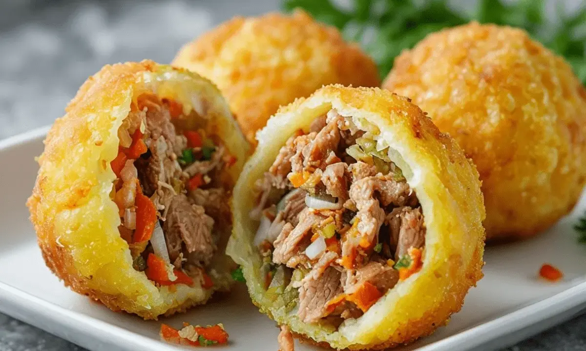 Crujientes patatas rellenas de carne deshebrada y verduras, un bocado delicioso y casero.