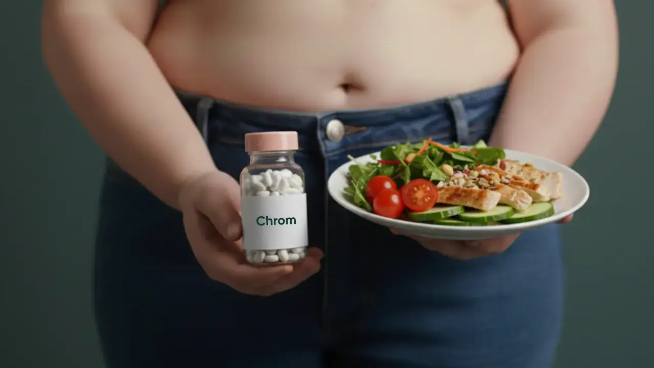 Person hält Flasche mit Chrom-Pillen und einen Teller mit Hähnchensalat. Die Chrom-Wirkung wird hier angedeutet.