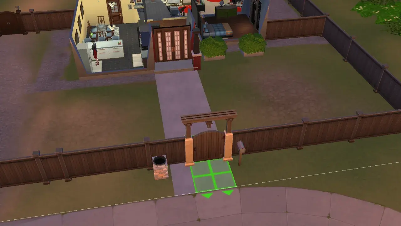 The Sims 4: kod na przesuwanie rzeczy, widok na dom z podwórkiem i bramą.