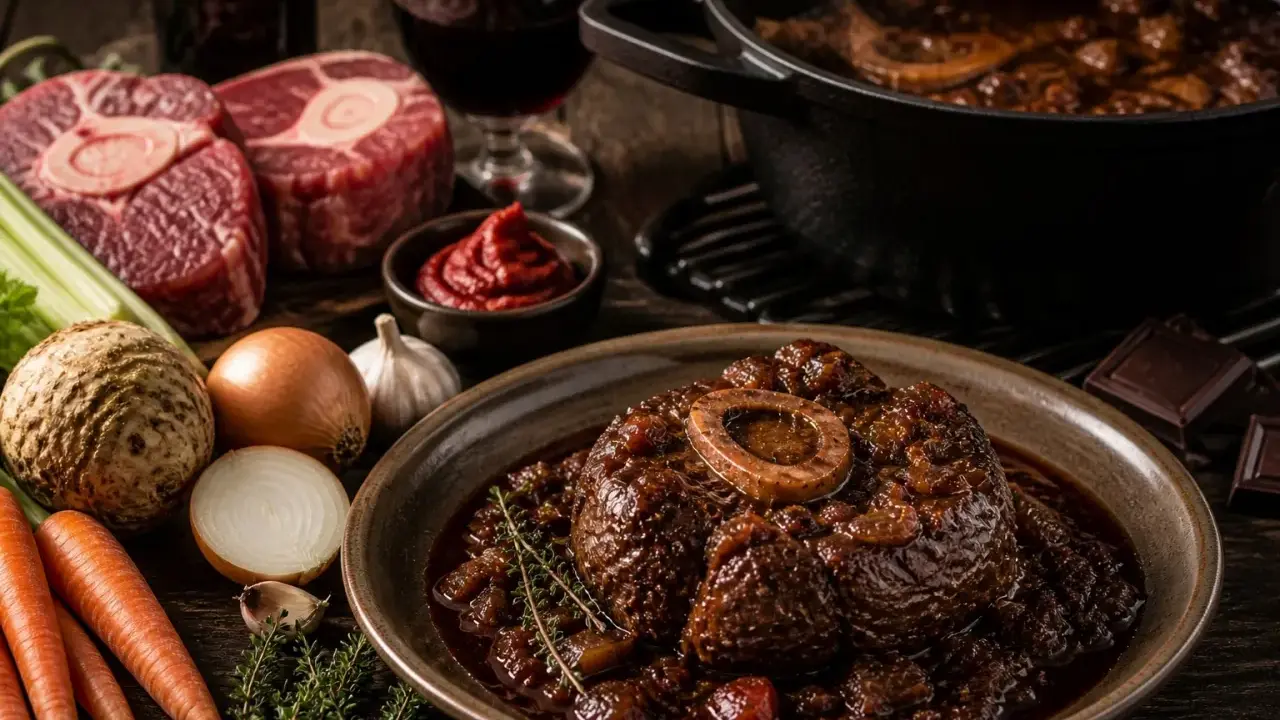 Ein Teller mit köstlichem Ossobuco vom Rind, daneben rohes Fleisch, Gemüse und ein Glas Rotwein.