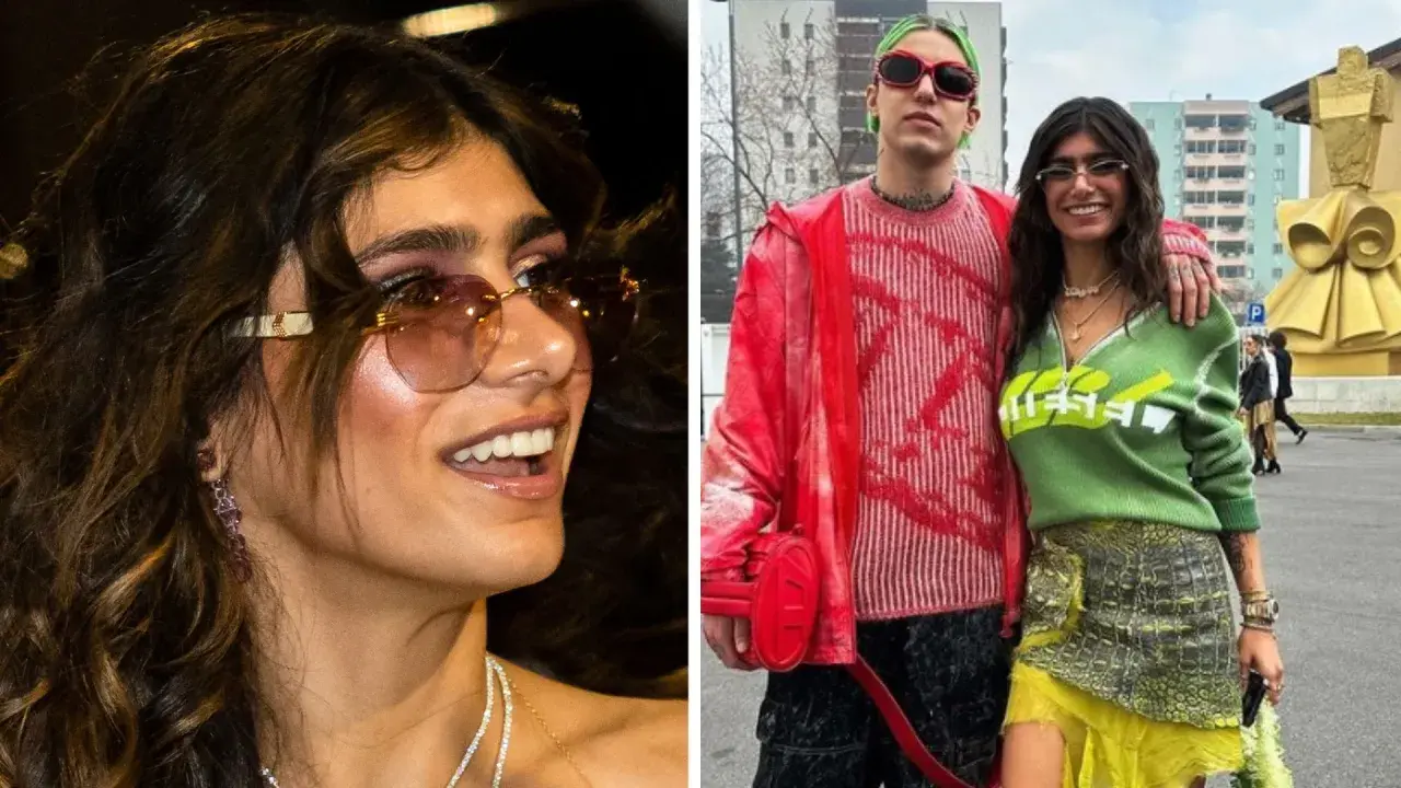 Zabson i Mia Khalifa pozują razem, oboje w modnych, kolorowych stylizacjach.