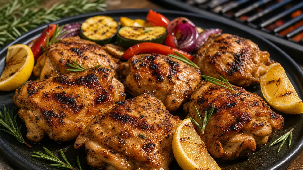 Saftiges gegrilltes Hähnchen mit Gemüse und Zitrone. Die pollo fino kerntemperatur ist perfekt getroffen für ein zartes Ergebnis.