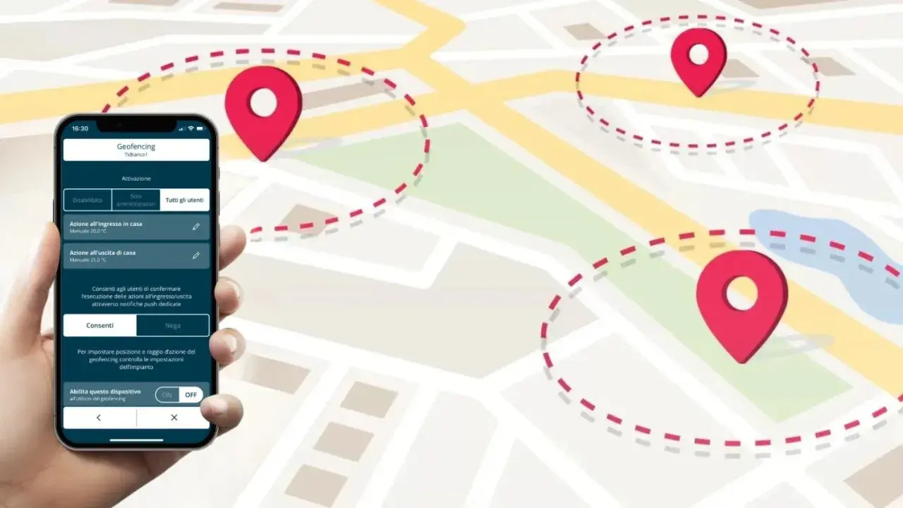 App per geofencing mostra la navigazione in tempo reale con pin su una mappa. Imposta zone e azioni automatiche.