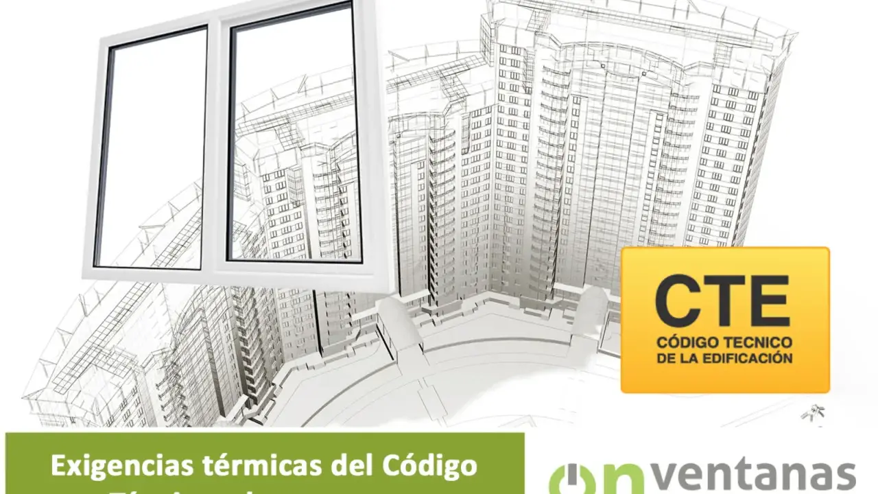 Ventana blanca de doble cristal frente a un boceto de edificio. El CTE exige eficiencia en las ventanas.