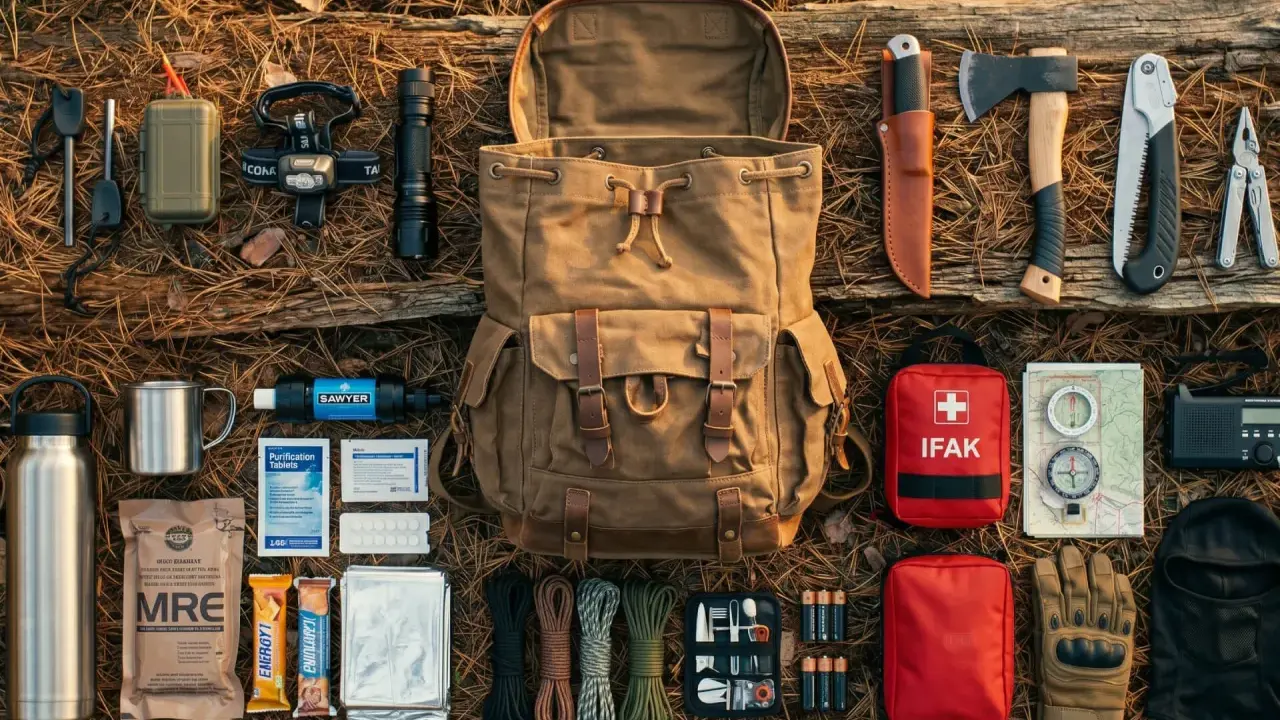 Preppers kto to? Zestaw survivalowy: plecak, nóż, siekiera, latarka, apteczka, mapa, kompas, racje żywnościowe, termos, filtr do wody, baterie.