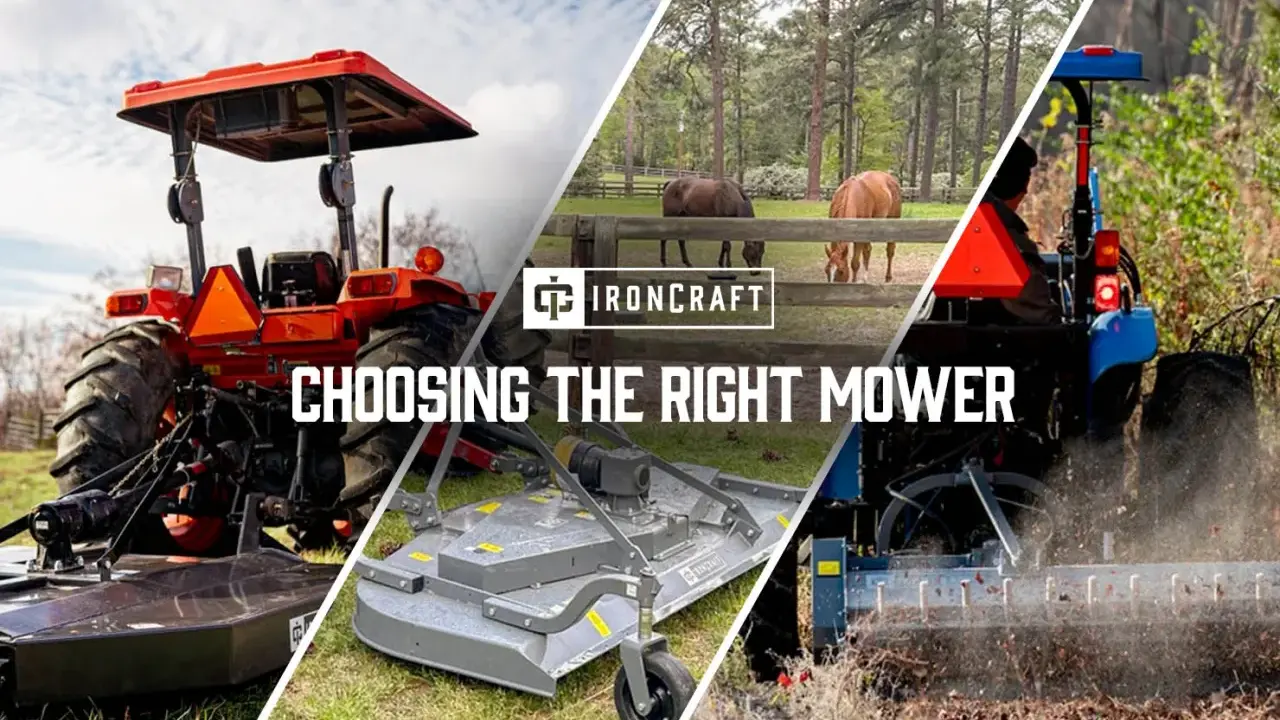 Collage showcasing different types of mowers for tractors, from rotary cutters to finish mowers, helping you choose the right one.