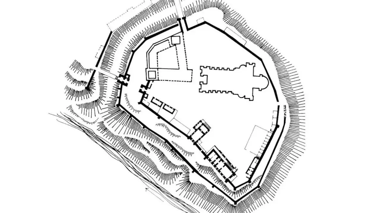 Plan zamku w Płocku, ukazujący jego obronne mury i zabudowania. To jedna z kluczowych płockich atrakcji historycznych.