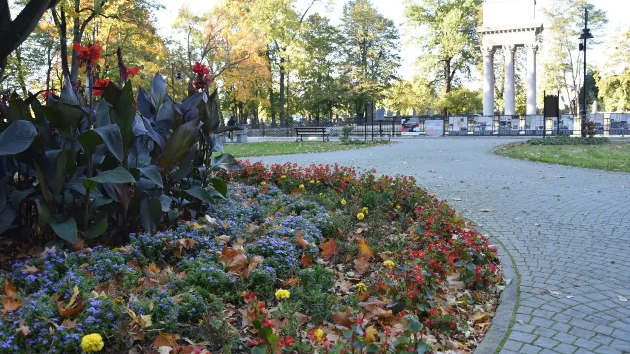 Jesienny park strzelecki Tarnów. Kolorowe rabaty kwiatowe i liście na brukowanej ścieżce.