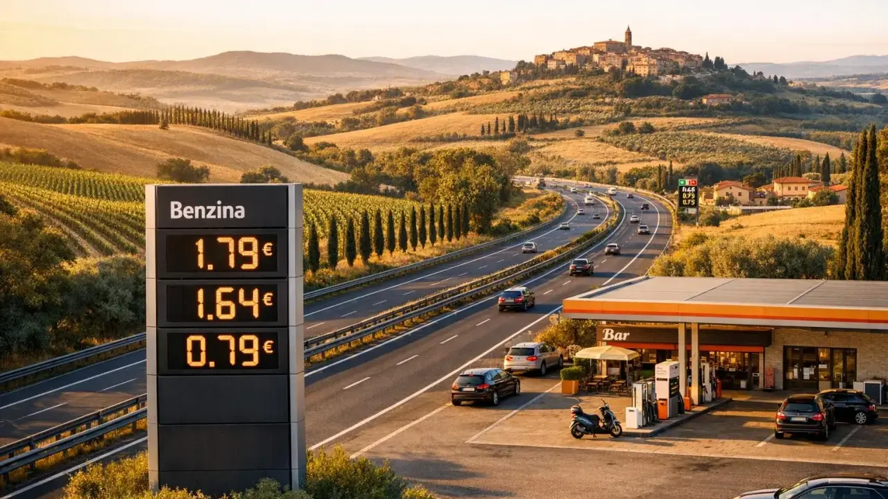 Ceny paliwa we Włoszech na słonecznym poboczu autostrady. Cyfrowy wyświetlacz pokazuje benzynę za 1.79€, 1.64€ i 0.79€.