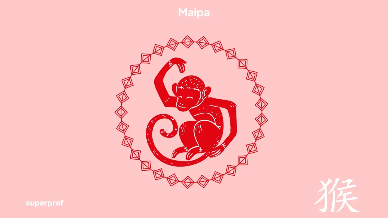 Czerwona, stylizowana małpa w okręgu z chińskim znakiem zodiaku.