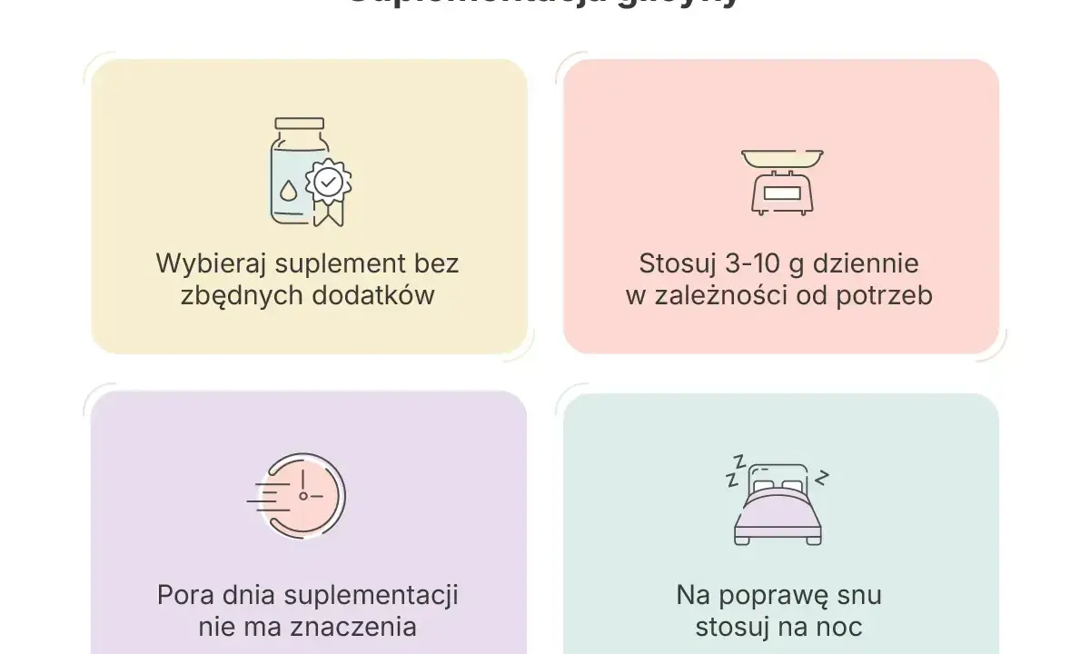 Glicyna co to? Wybieraj suplement bez dodatków, stosuj 3-10g dziennie. Na poprawę snu przyjmuj na noc. Pora dnia nie ma znaczenia.