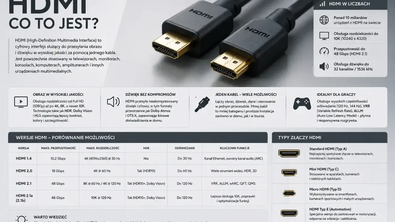 Czy kabel HDMI ma znaczenie? Tak, wersja kabla HDMI wpływa na jakość obrazu i dźwięku, obsługę 8K, HDR i wysokie odświeżanie.