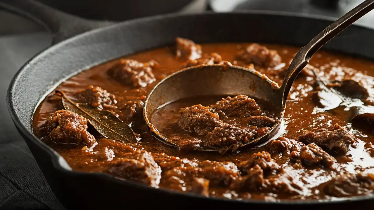 Un ricco spezzatino, uno dei piatti tipici del Friuli Venezia Giulia, servito in una padella di ghisa con un mestolo.