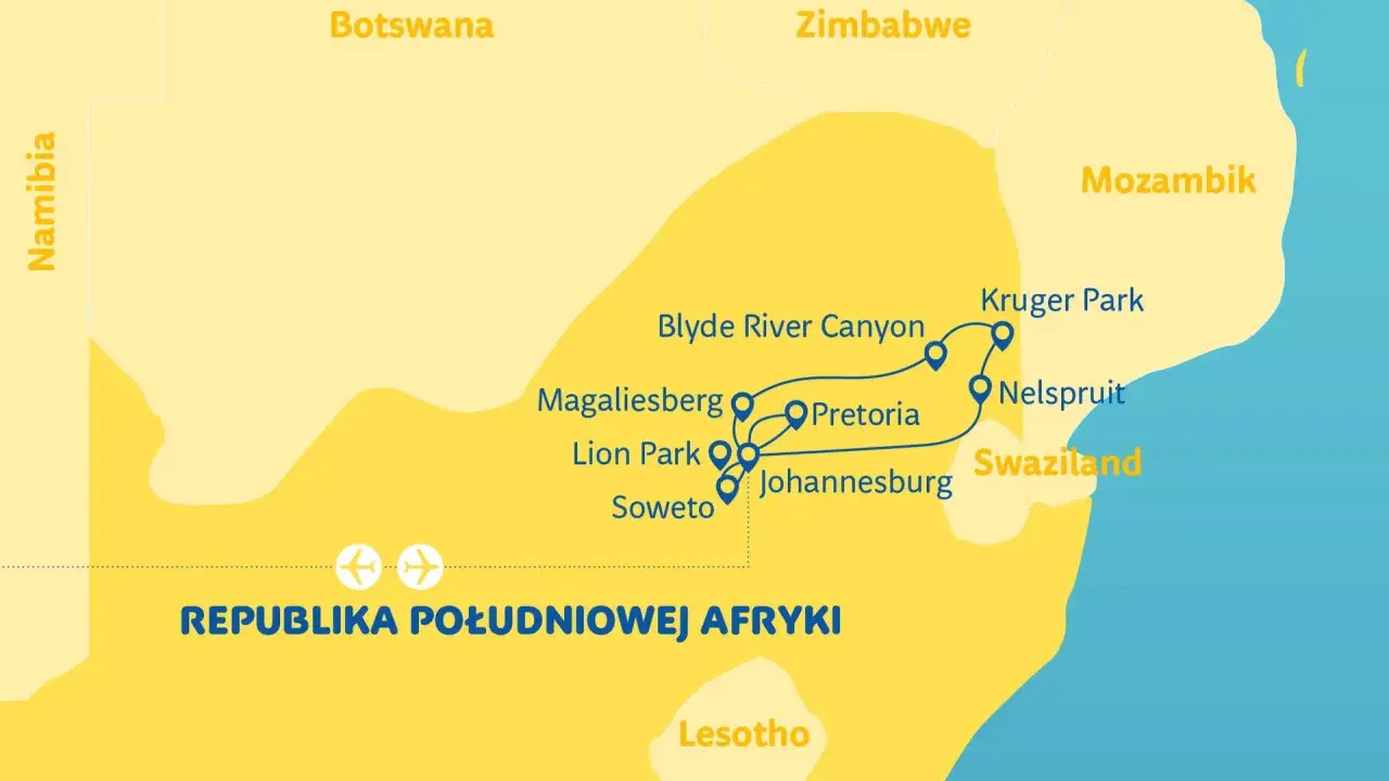 Mapa turystyczna południowej Afryki, pokazująca trasę przez Botswanę, RPA, Zimbabwe, Mozambik i Swazi.