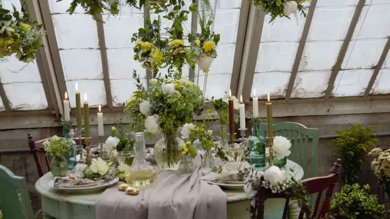 Vacker blomsterdekoration på bordet med levande ljus och gröna detaljer. En inbjudande dukning i ett växthus.