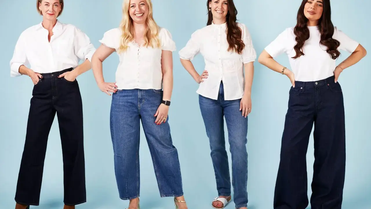Four women showcase different jean types: wide-leg dark wash, cropped wide-leg blue, straight-leg blue, and ultra-wide dark wash.