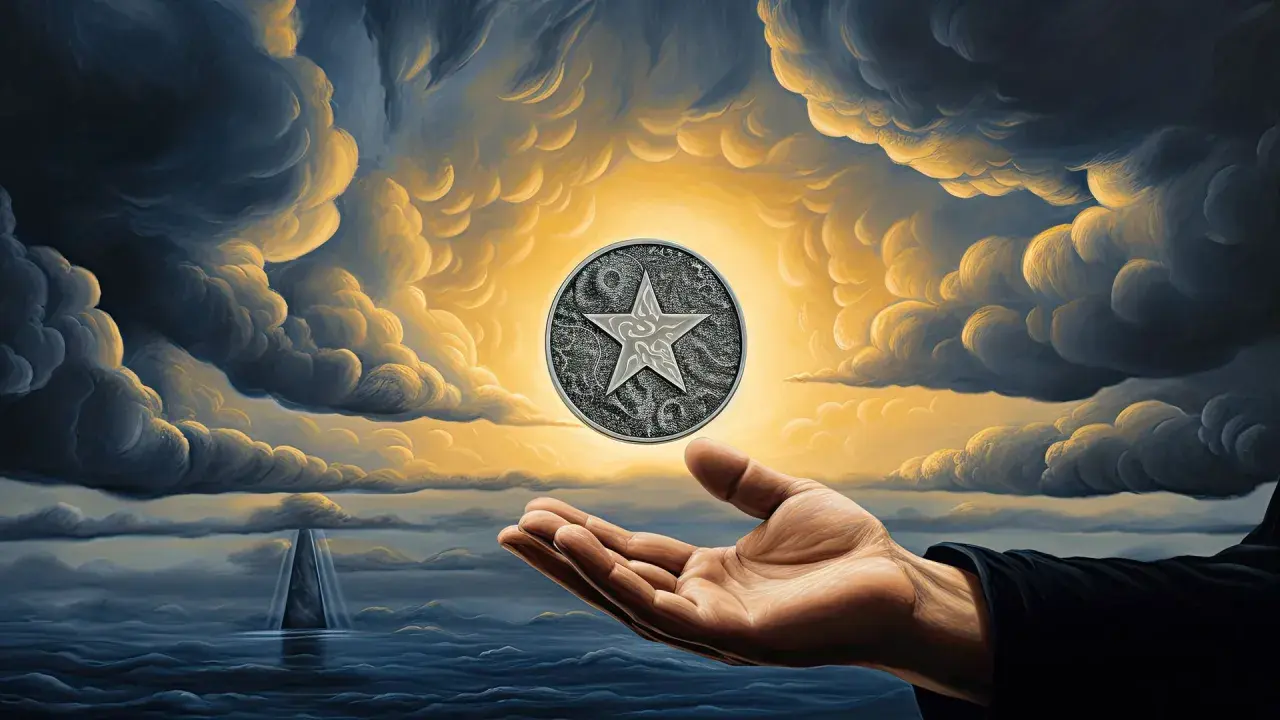 Dłoń trzyma monetę z gwiazdą, jak w talii monet tarot, na tle burzowych chmur i morza.
