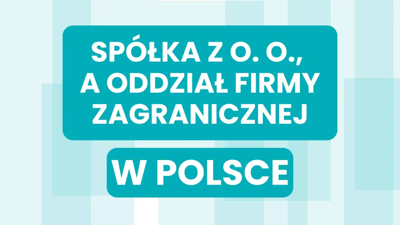 Spółka z o.o. a oddział firmy za granicą działalność w Polsce. Jasne tło z niebieskimi prostokątami.