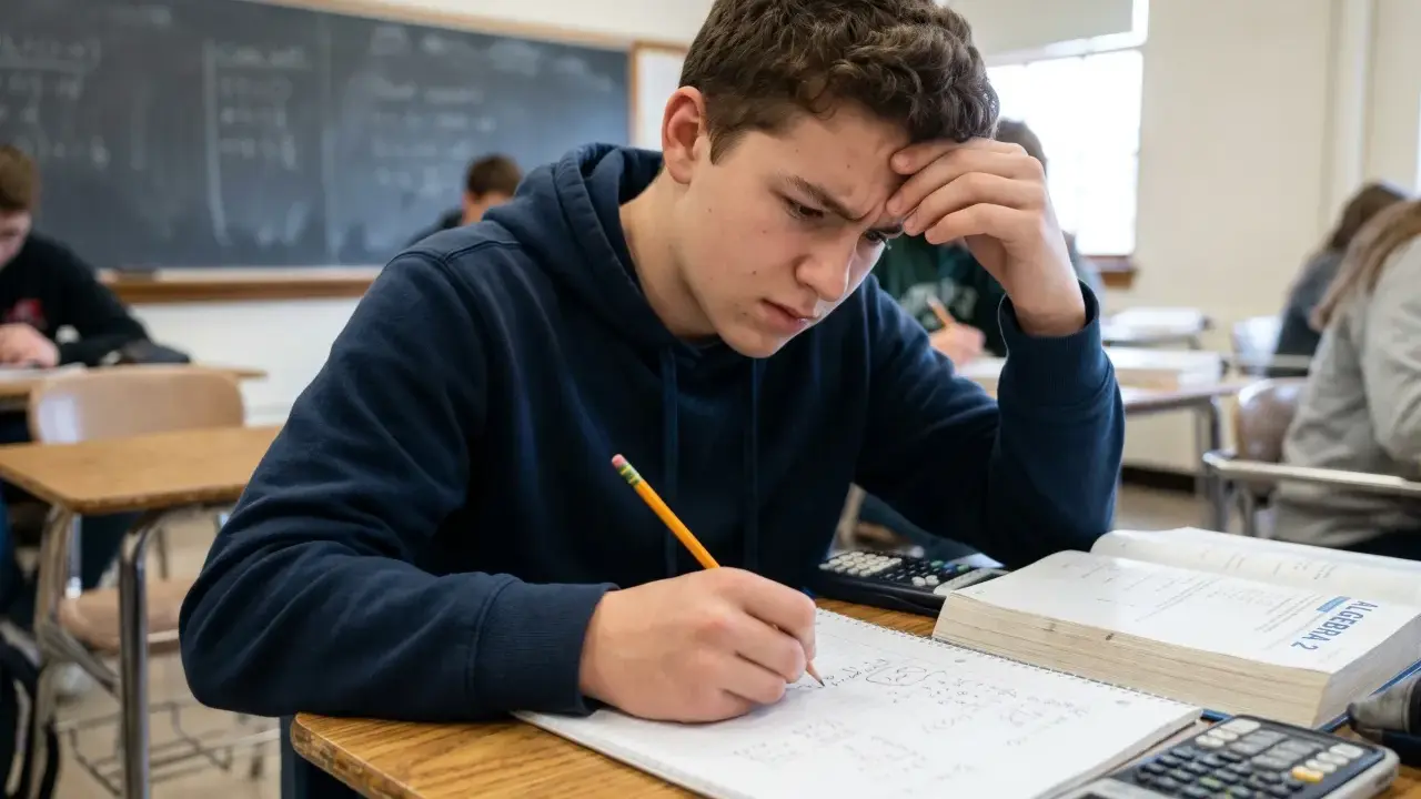 A frustrated student with hand on forehead, writing in a notebook in a classroom.