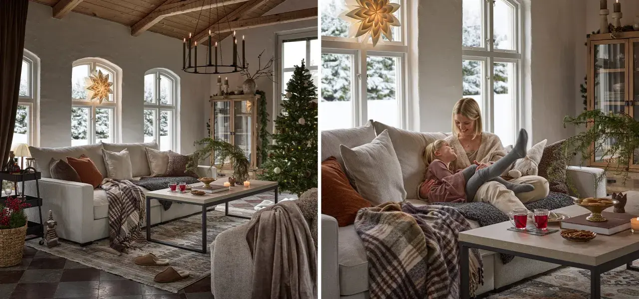 Mysig jul inspiration med familjen i soffan. Snö utanför fönstret, gran och stjärna i taket.