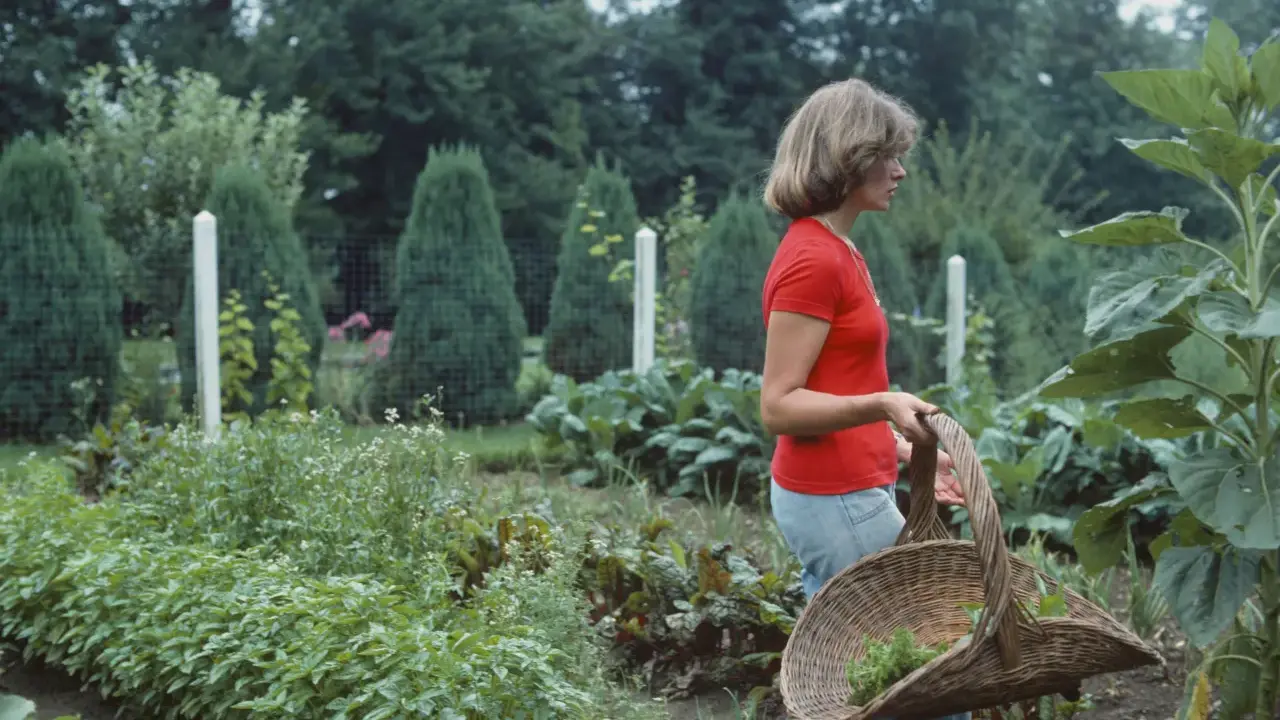 Donna con cesto raccoglie erbe aromatiche in orti bellissimi, circondata da verdure rigogliose e alberi verdi.