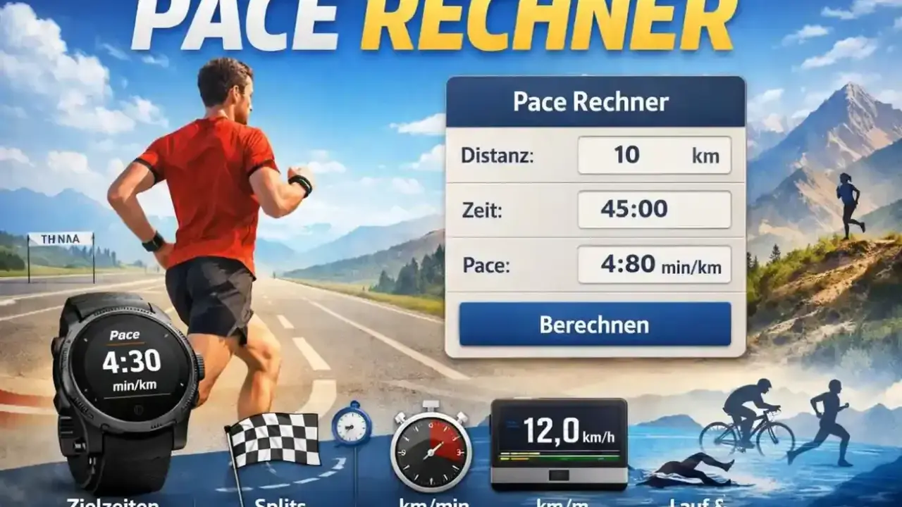 Läufer mit Laufuhr und Pace Rechner. Anzeige zeigt 10 km in 45 Min. bei 4:80 min/km. 6er Pace in km/h wird berechnet.