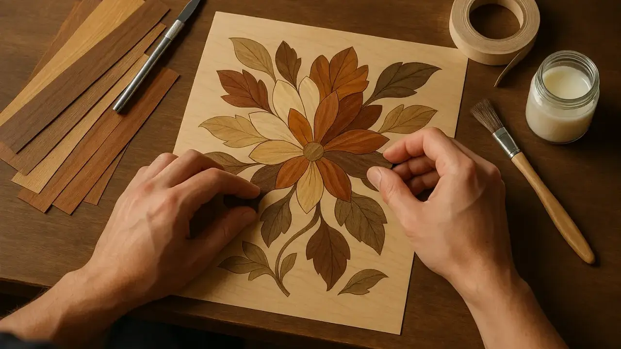 Mains ajustant des pièces de bois pour une marqueterie contemporaine florale. Outils et échantillons de bois à proximité.