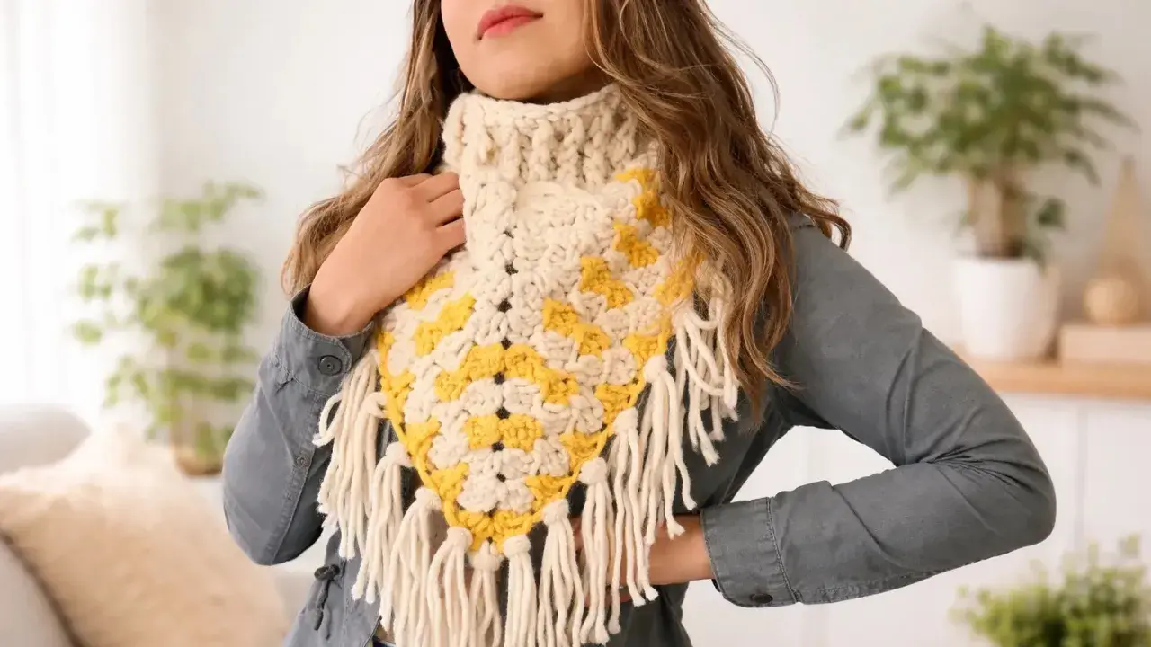 Bufandas de ganchillo fáciles con flecos, en crema y amarillo, lucen geniales.