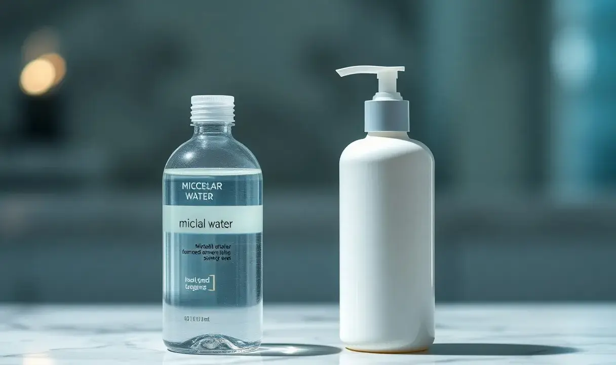Due flaconi sul marmo: uno trasparente con acqua micellare, l'altro bianco con un erogatore.