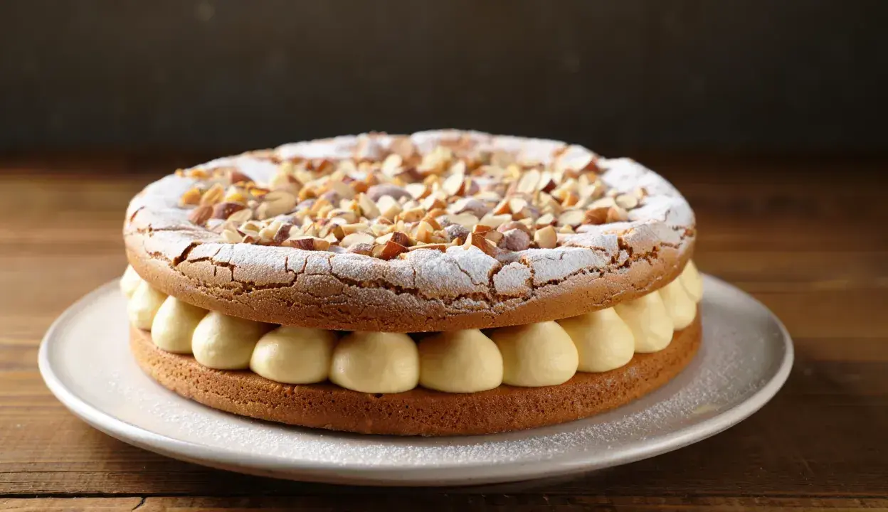 Gâteau dacquoise aux amandes, garni de crème onctueuse et saupoudré de sucre glace. Une délicieuse recette à essayer !