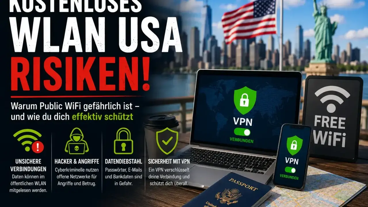 Kostenloses WLAN in den USA birgt Risiken wie einen "evil twin attack". Laptop, Handy, Pass und Karte zeigen VPN-Schutz vor Hackern.