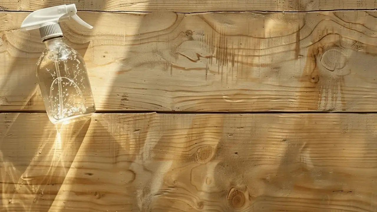 Bouteille de spray transparente avec un liquide et des bulles, posée sur des planches de bois clair. Idéal pour blanchir du bois.