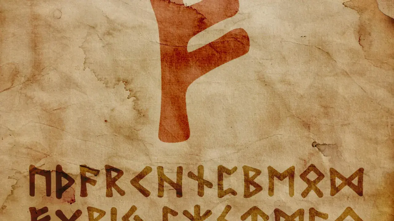 Runa Fehu, jak zrobić, na starym pergaminie. Widoczne runy F, U, TH, A, R, K, N, H, I, J, P, Z, S, T, B, E, M, L, NG, D, O.