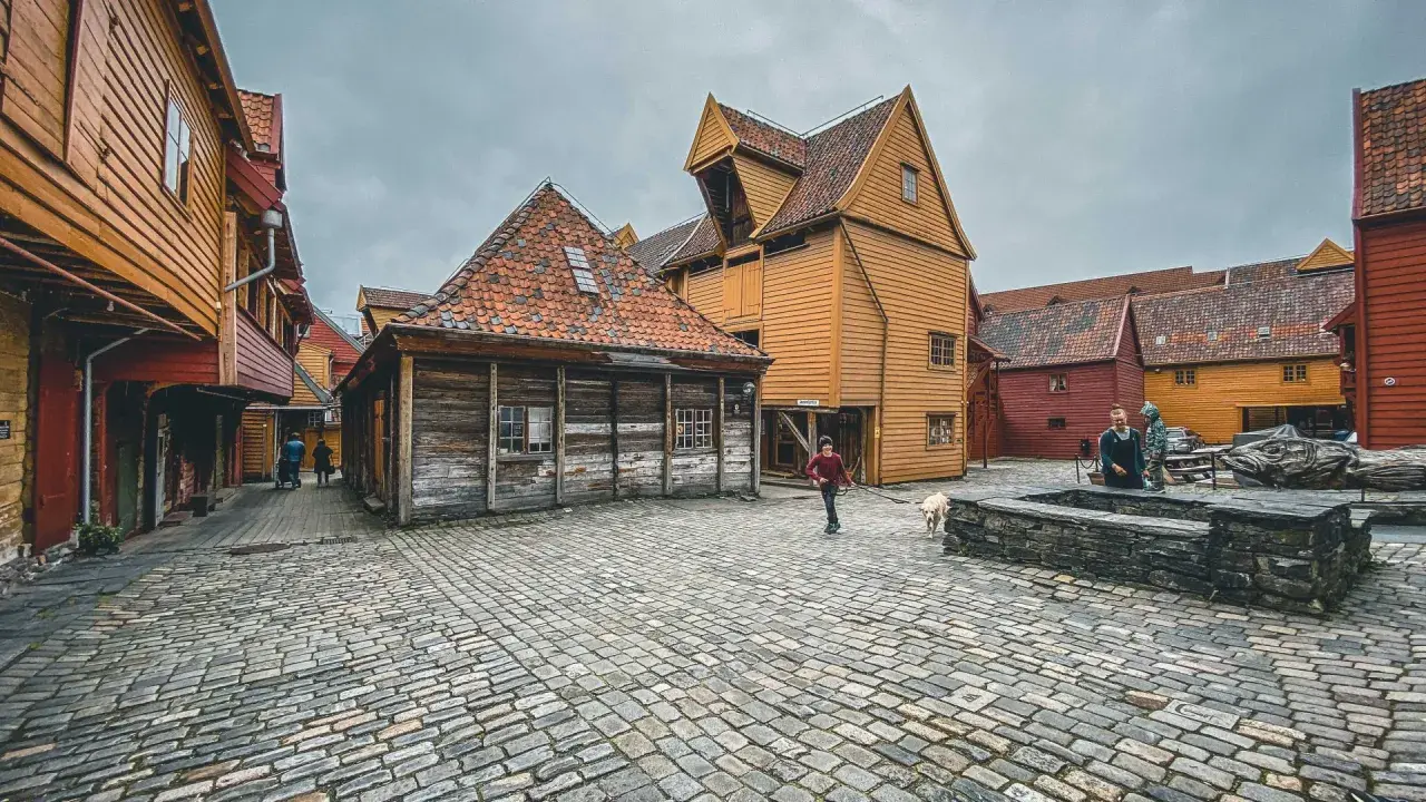 Bruggen w Bergen, Norwegia, z brukowanym placem i kolorowymi drewnianymi budynkami. Spacer z psem po urokliwych uliczkach.