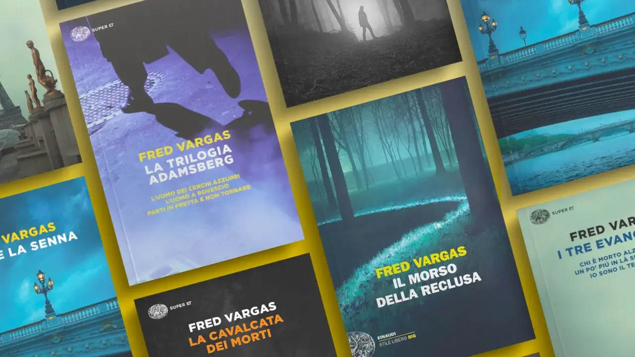 Copertine di libri di Fred Vargas, tra cui "La trilogia Adamsberg" e "Il morso della reclusa", che evocano mistero e suspense.