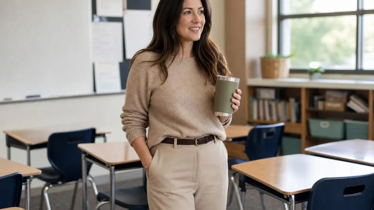 A woman in a tan sweater and slacks, holding a green tumbler, embodies how to dress like a teacher with a polished yet comfortable classroom look.