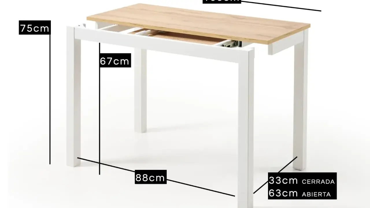 Mesa extensible blanca con tapa de madera. Muestra cómo abrirla, con medidas de alto (75cm), ancho cerrado (67cm) y abierto (100cm).