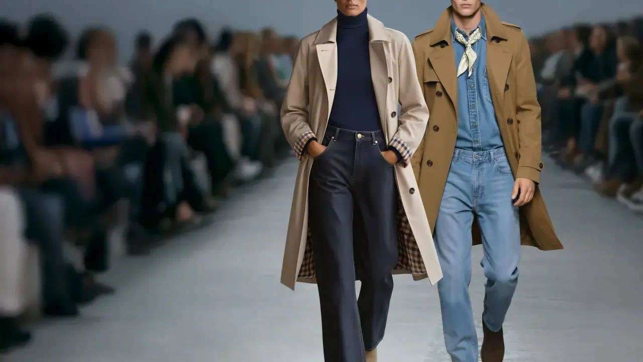 Para modeli na wybiegu w płaszczach i jeansach, z rozmytym tłem.
